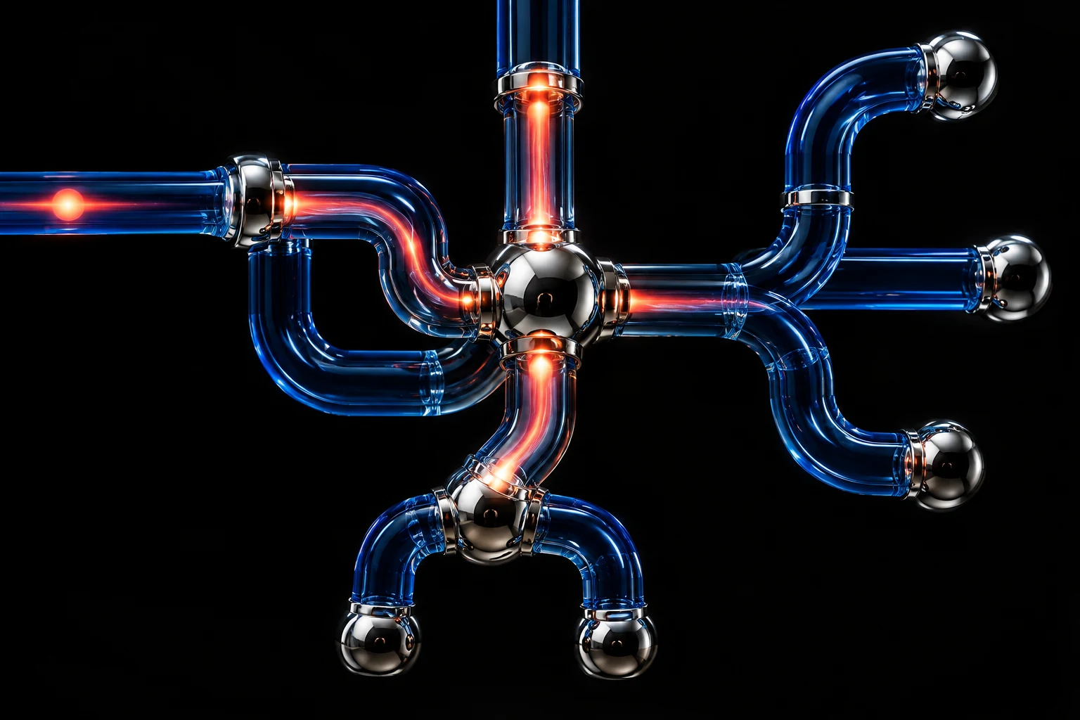 Abstract glass conduits and connector nodes carrying a pulse through a dark space